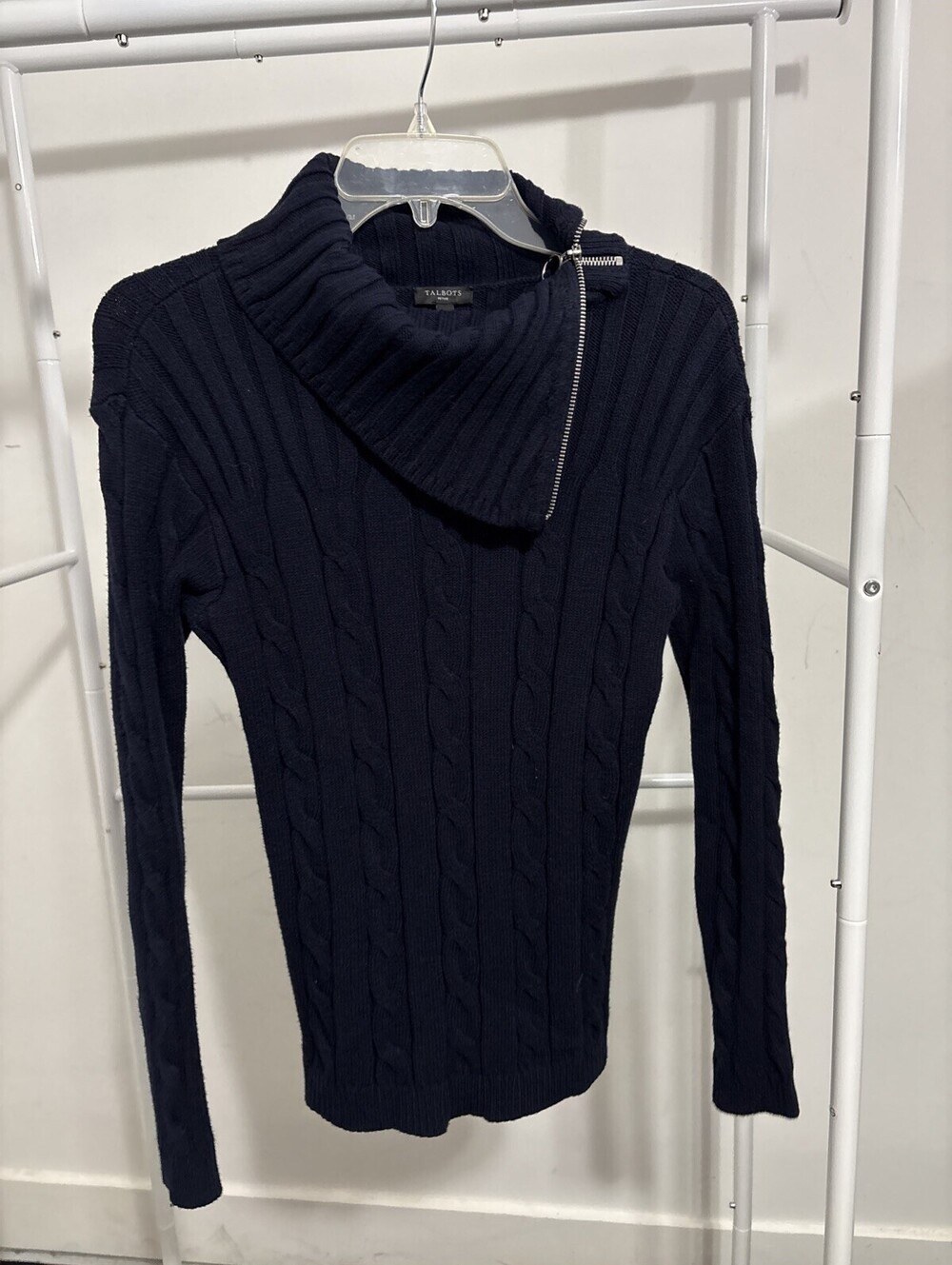 Talbots Women’s Navy Blue Cable Knit Sweater Cowl Neck Side Zip Small Petite NWT